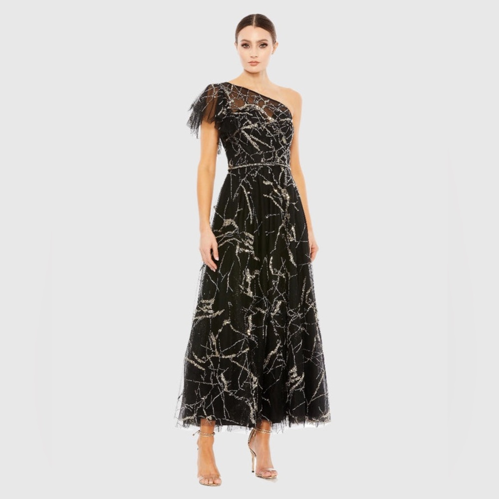 Mac Duggal Black and Silver One-Shoulder Dress